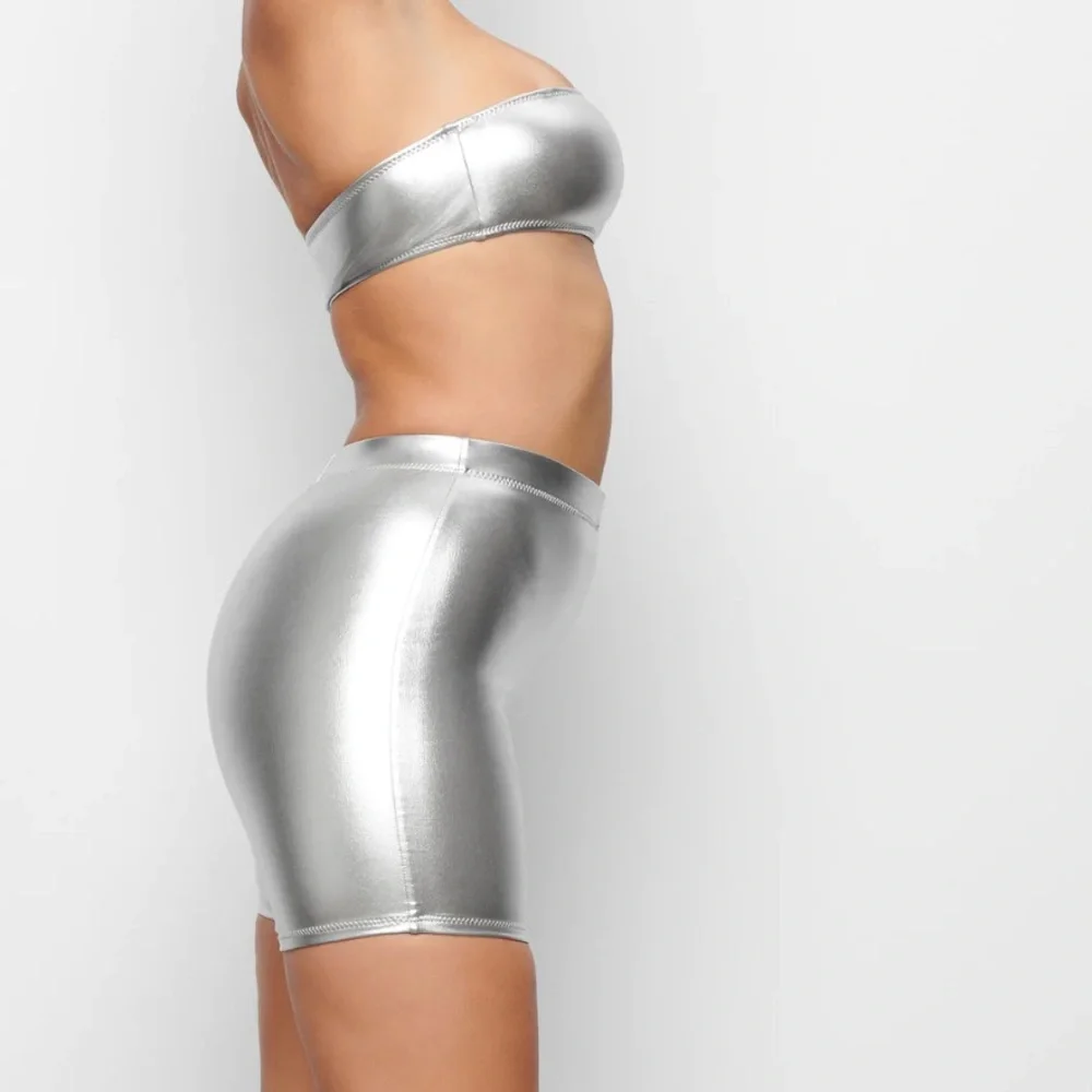 🩶SKIMS METALLIC MID WAIST SWIM BIKINI BOTTOMS SHORTS IN NICKEL M L